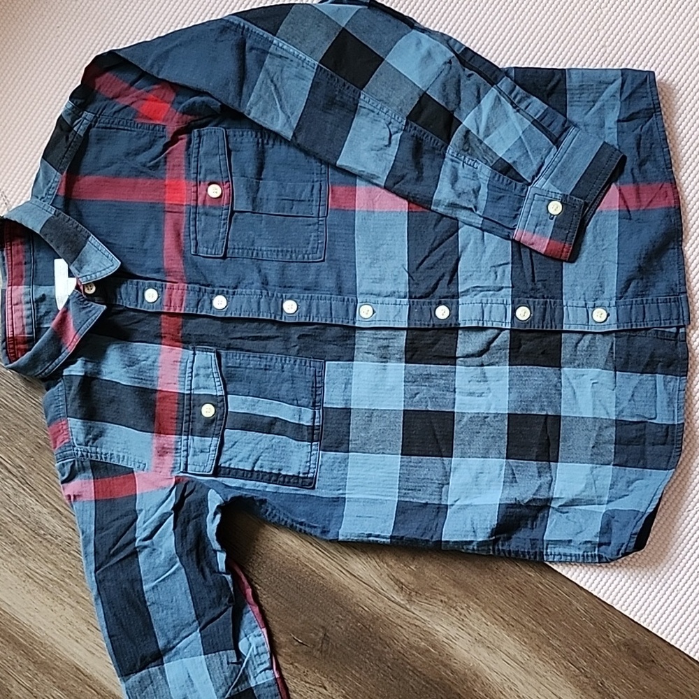 Burberry Kids Blue and Red Plaid Button Down Shirt